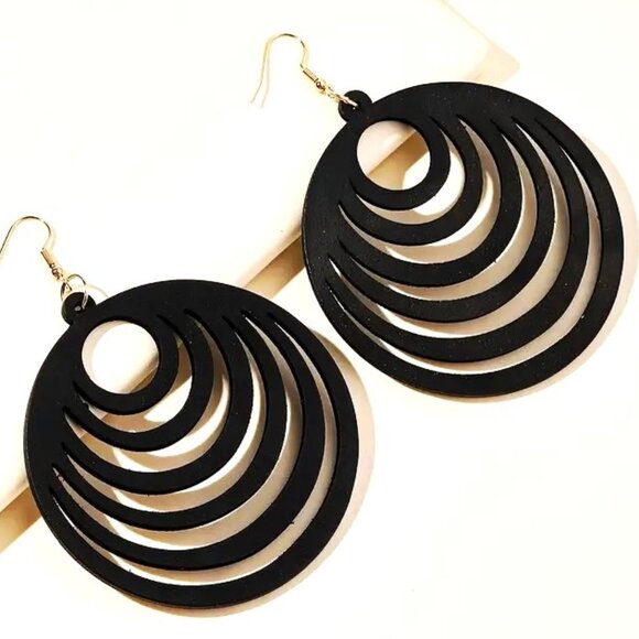 Earrings Wood Large Hollow Cut Bohemian Dangle Boho Carved Hippie Trendy Black - Picture 1 of 3